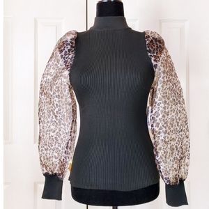 Leopard Print Ribbed Top W/ Statement Sleeves - NWT